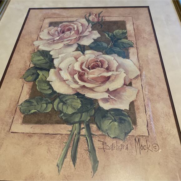 Barbara Mock Framed Print. Pink And White Framed Roses. Floral. Vintage (?) - Picture 3 of 9